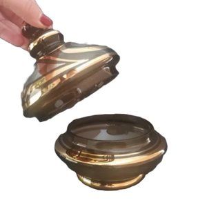 VTG Bohemian Czech Crystal Brown Glass Storage Jar w/ Lid Retro MCM Gold Accents